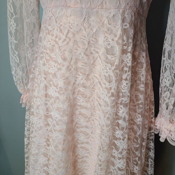 Vintage 70s Victorian Cottagecore Pink Lace Flounce Sleeve Prairie Maxi Dress S - Picture 4 of 16